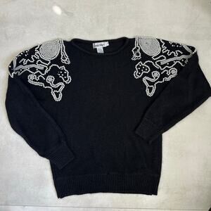 Vintage Black Sweater Beaded Shoulder Detail Pullover Elegant & Unique Knitwear